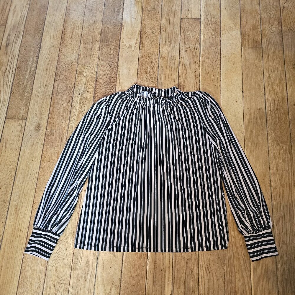Adrianna Papell Women's Blouse Black Pastel Pink Stripe High Ruffle Collar
